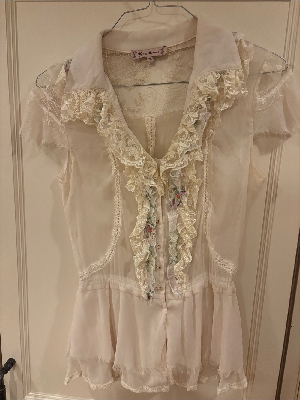 Young Essence Cream Ruffled Lace Peplum Blouse